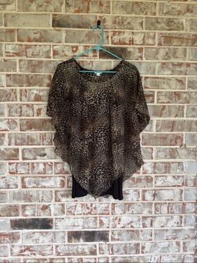 Cato Leopard Print Layered Poncho Top - Black and Brown